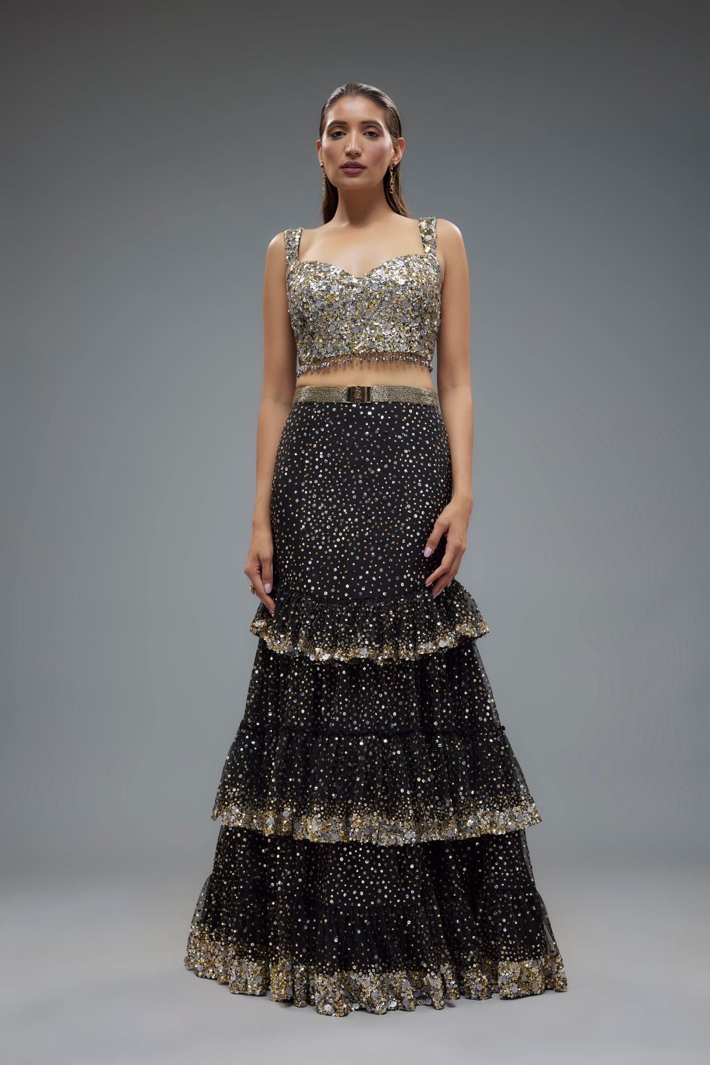 black net sequins embroidered mermaid lehenga set