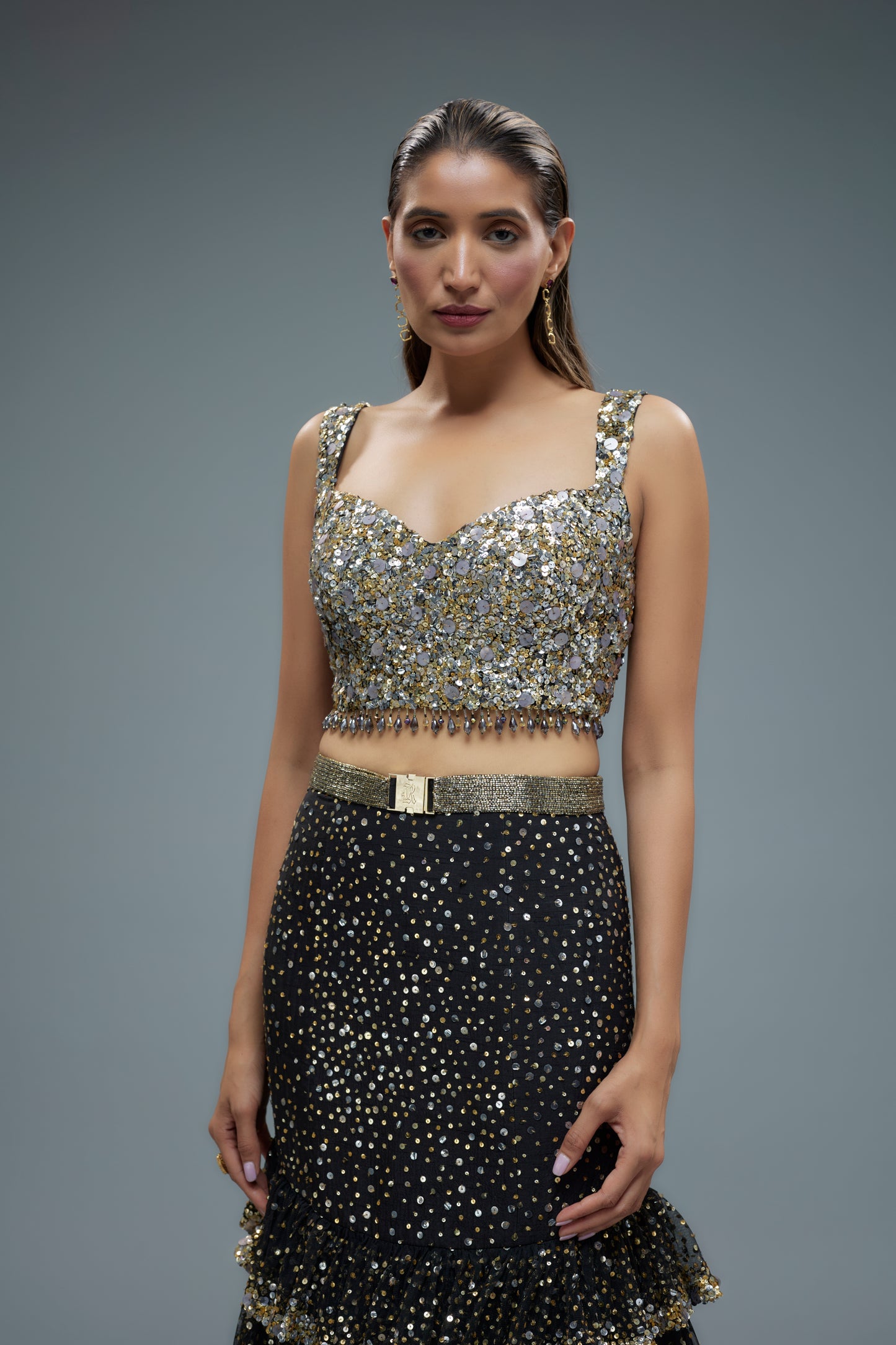 black net sequins embroidered mermaid lehenga set
