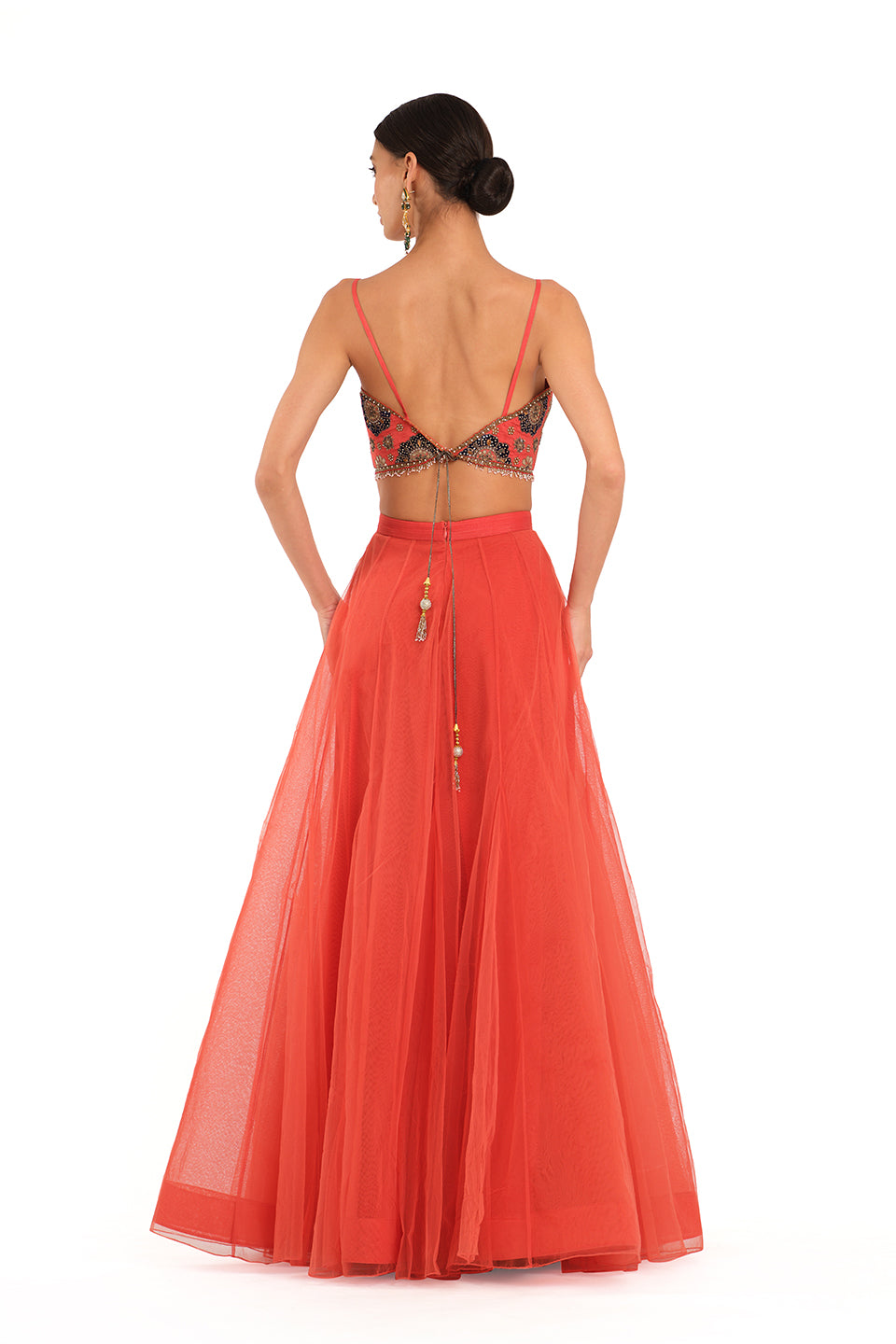 Red Tulle Lehenga with Embroidered Blouse