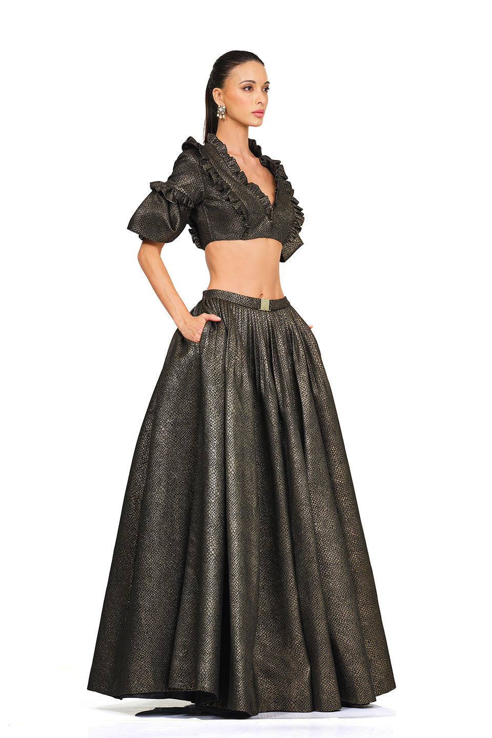 Gold Black Skirt with Ruffle Blouse