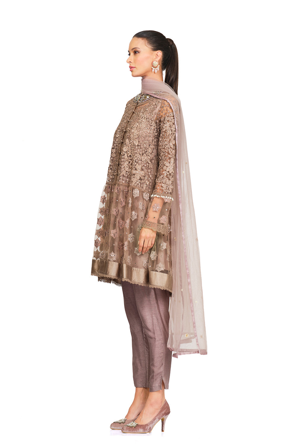 Taupe embellished tunic set