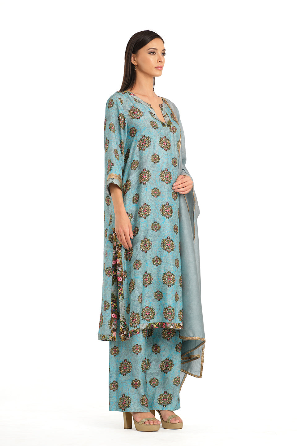 Floral motif raw silk tunic set