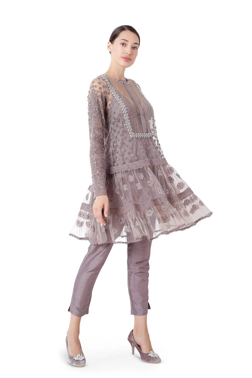 taupe short anarkali set