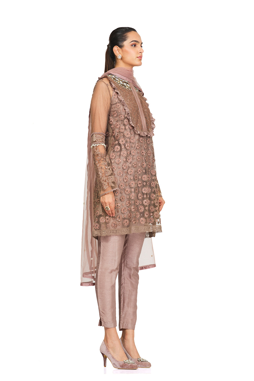 Taupe frilled and embellished tunic set