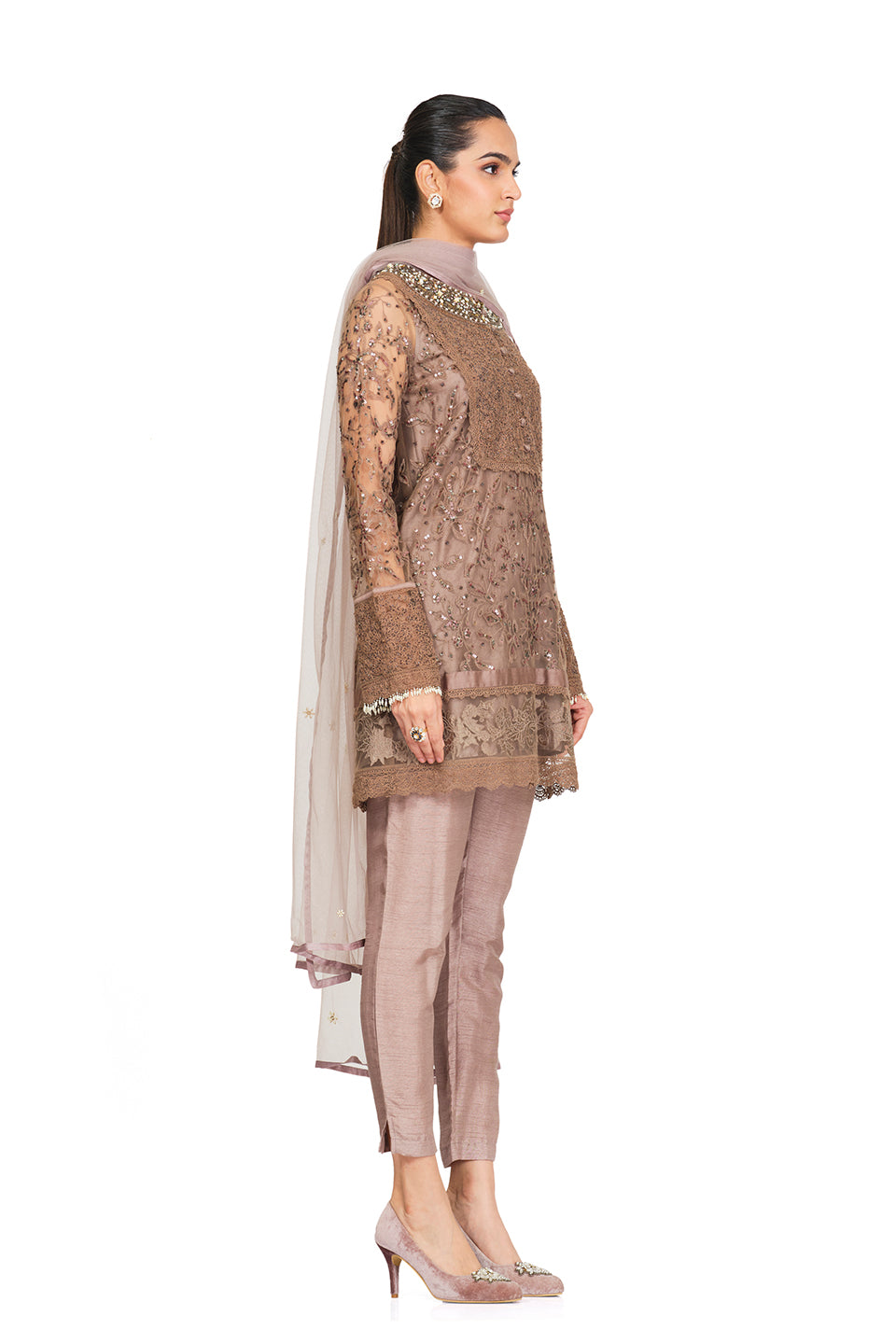 Taupe handembroidered tunic set