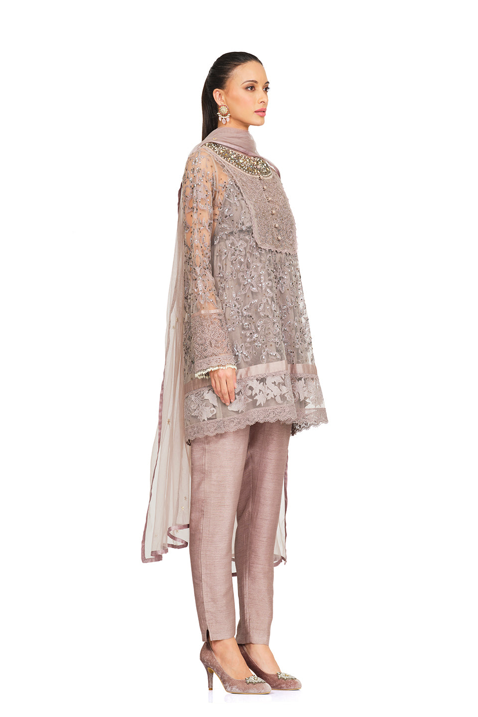 Taupe embellished tunic set