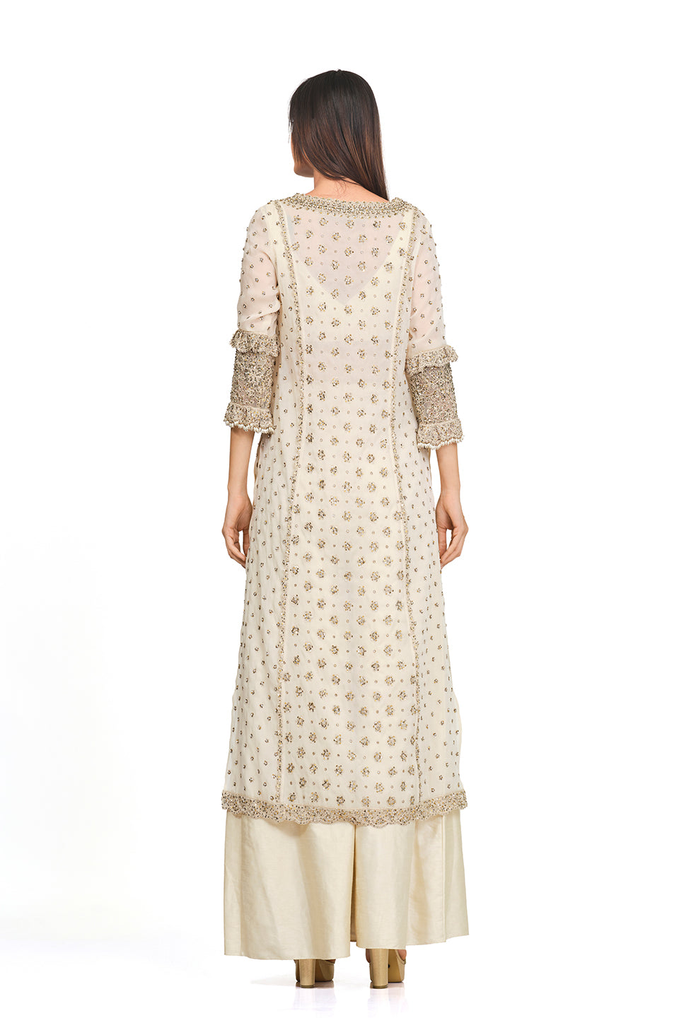 Ivory tunic set with raw silk flared pants