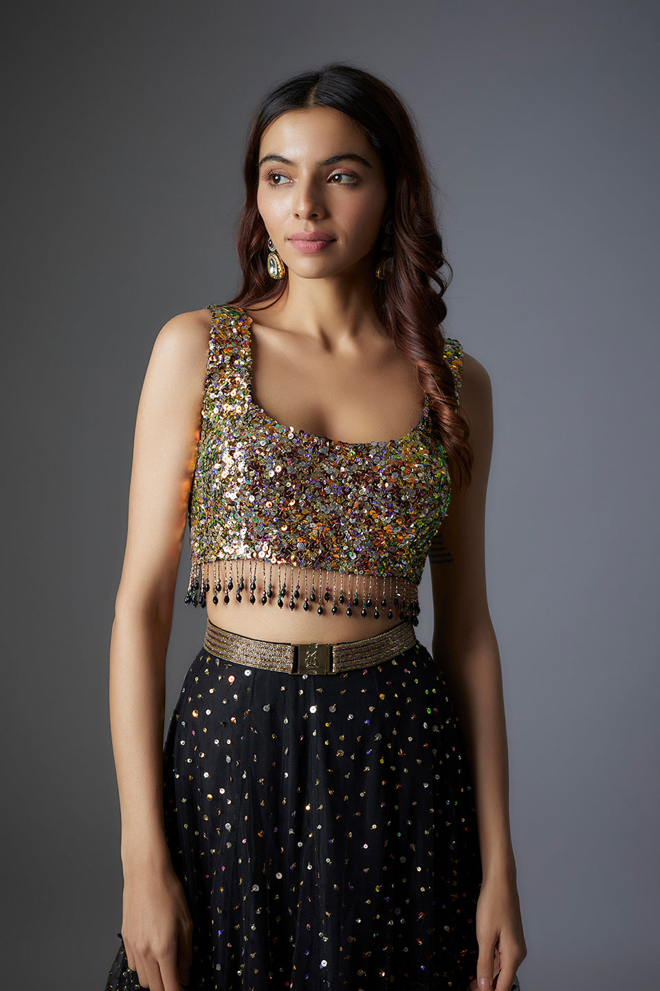 Black Net Sequins Embroidered Lehenga Set