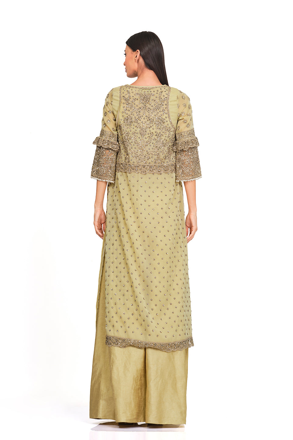 Hand embroidered tunic set with raw silk flared pants