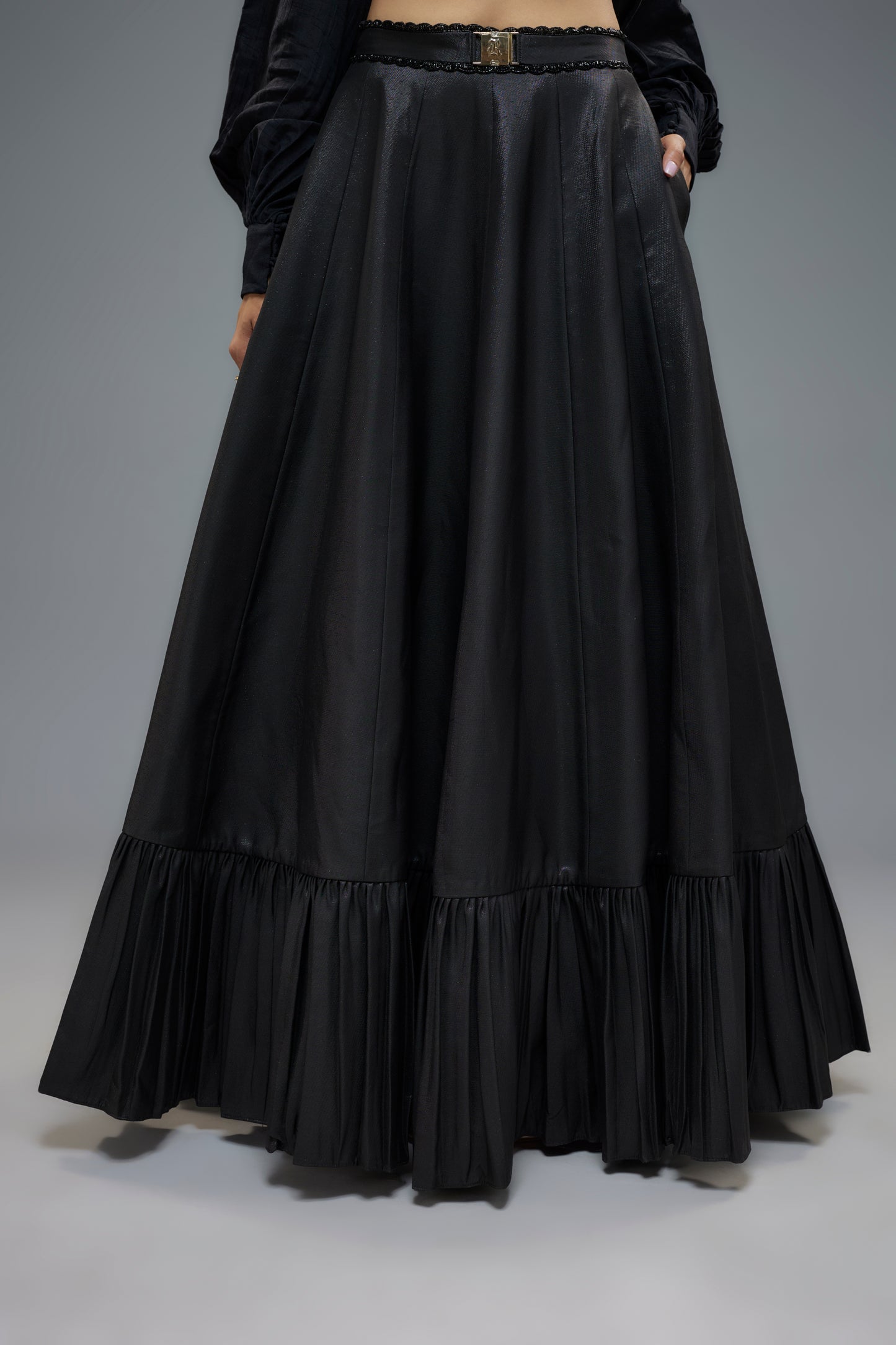 black raw silk frilled lehenga set
