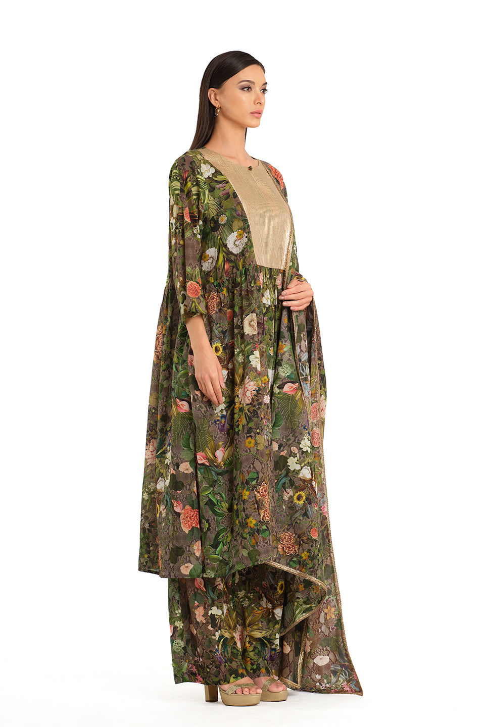 Signature Botanical Print cotton tunic set with dupatta
