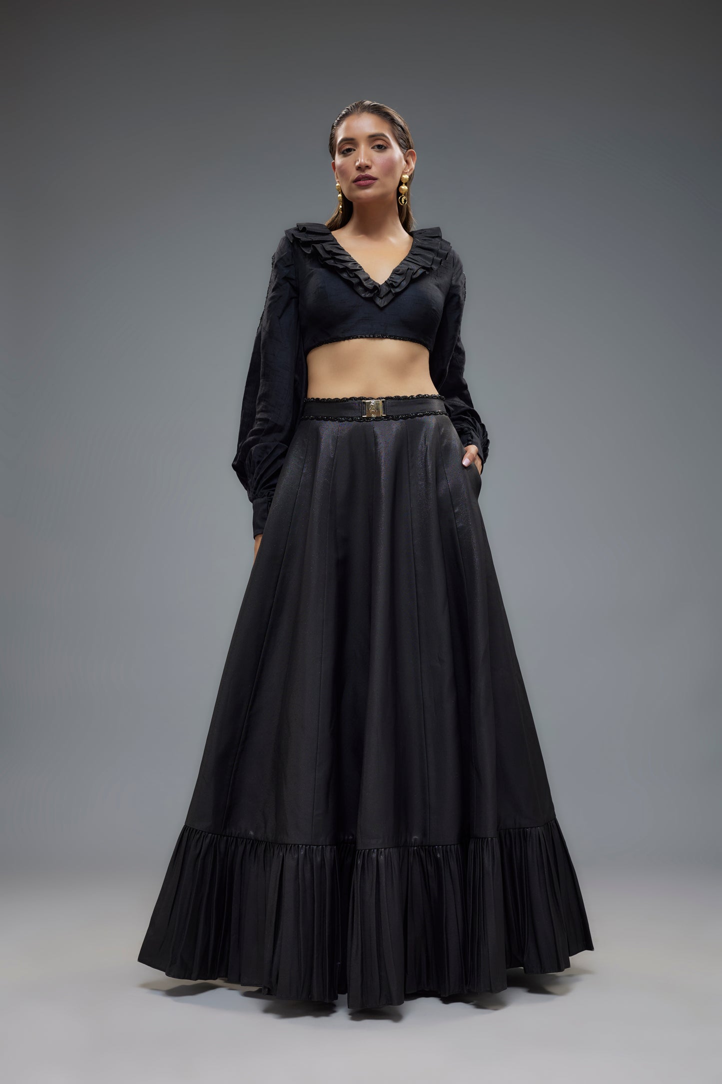 black raw silk frilled lehenga set