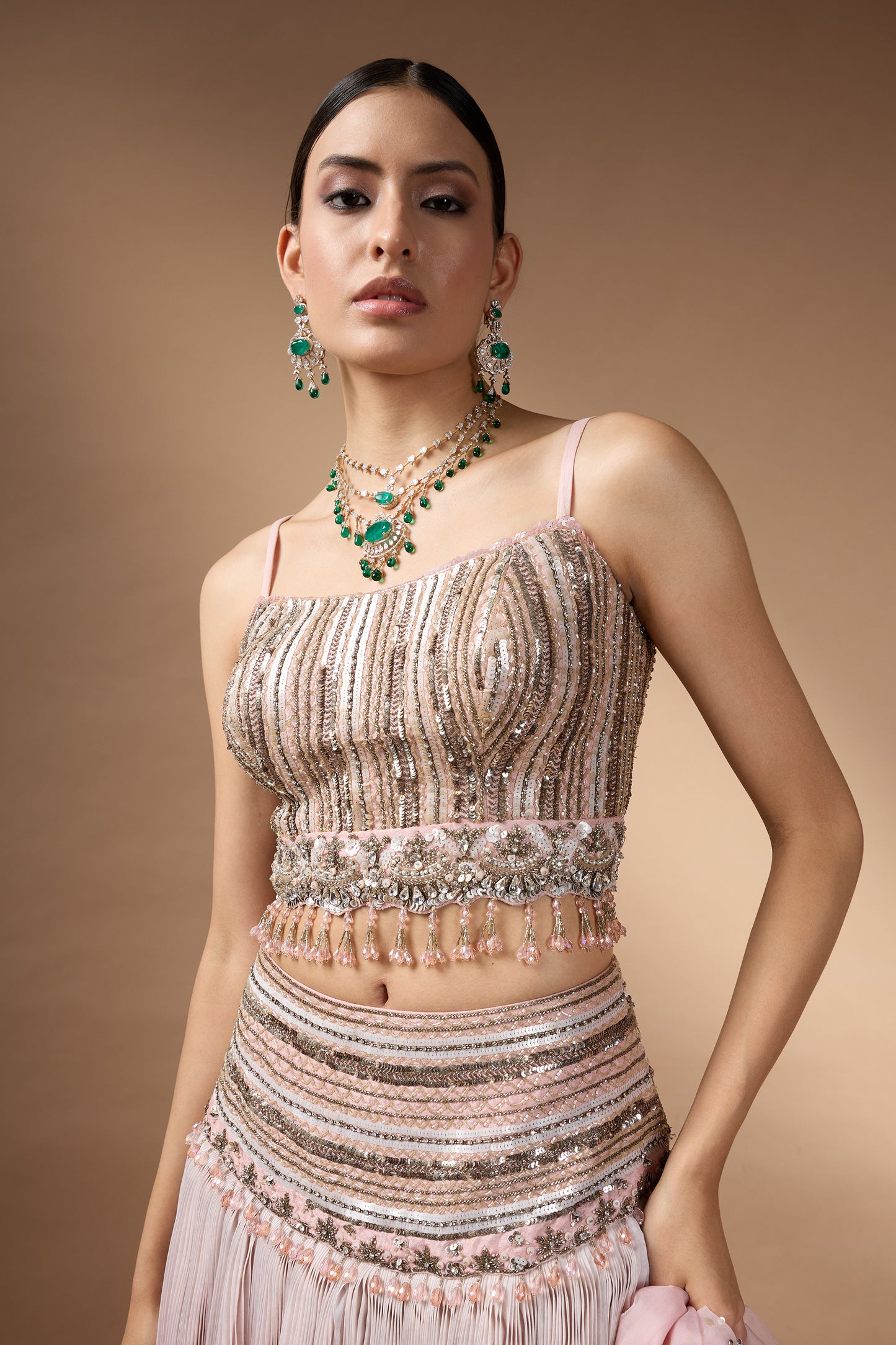 Pink embriodered blouse with lehenga set