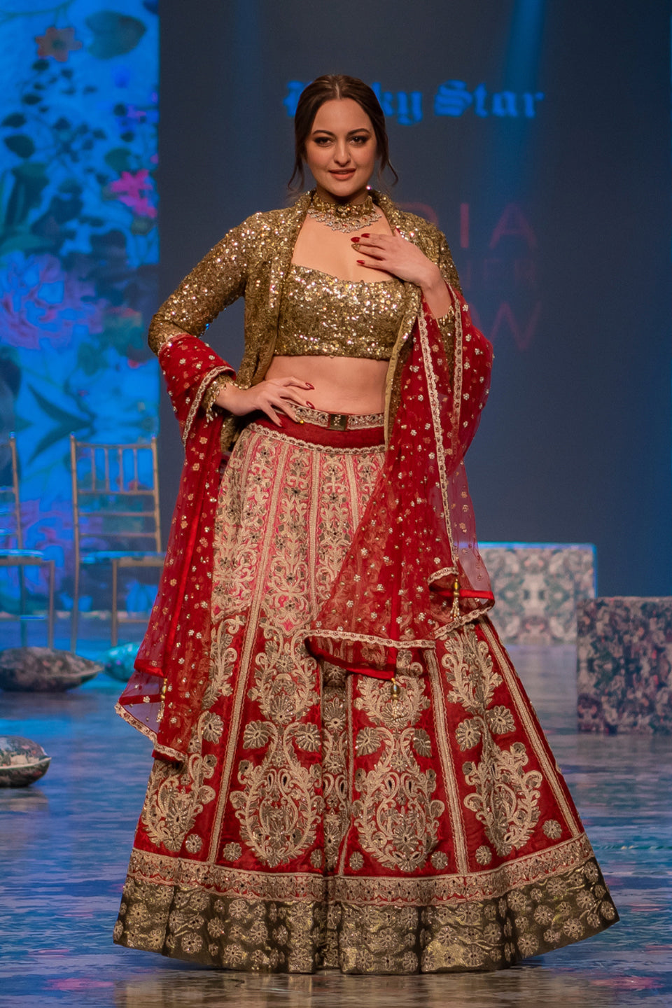 Sonakshi Sinha in embroidered lehenga with bustier & jacket
