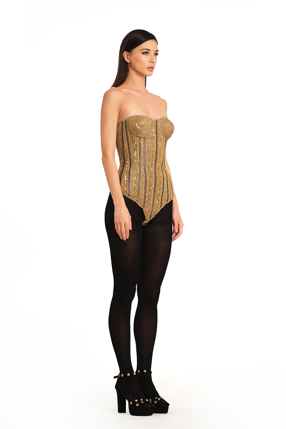 Gold corset with embroidery detailing