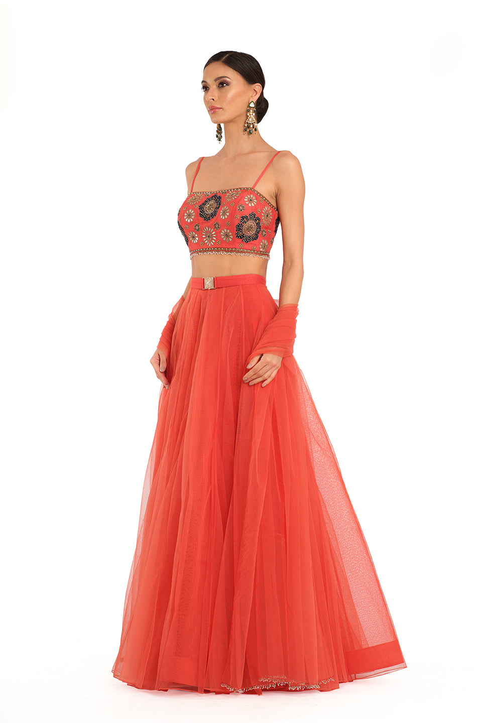 Red Tulle Lehenga with Embroidered Blouse