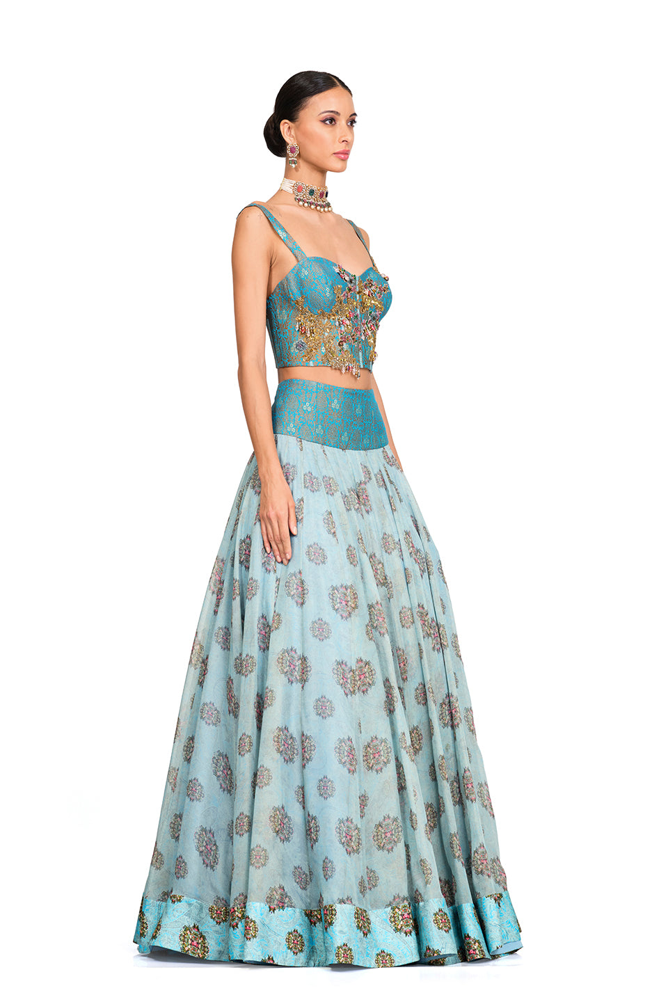BLUE ORGANZA LEHENGA WITH CORSET BLOUSE