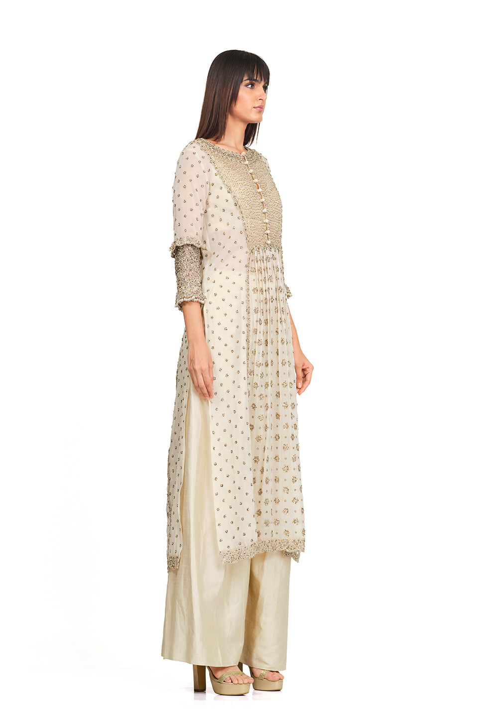 Ivory tunic set with raw silk flared pants