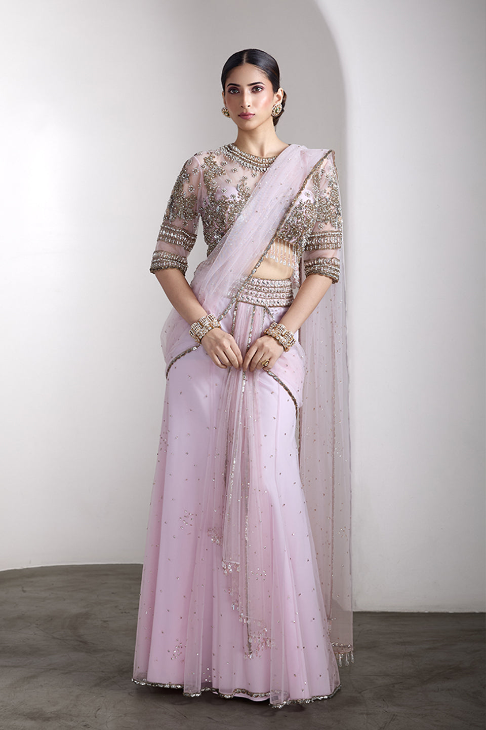 Pink drapped saree set