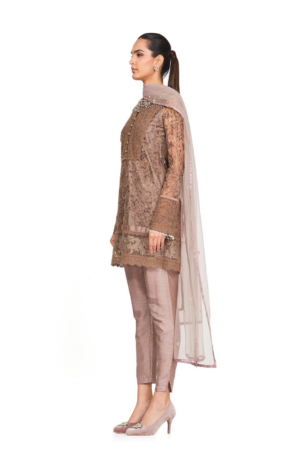 Taupe handembroidered tunic set