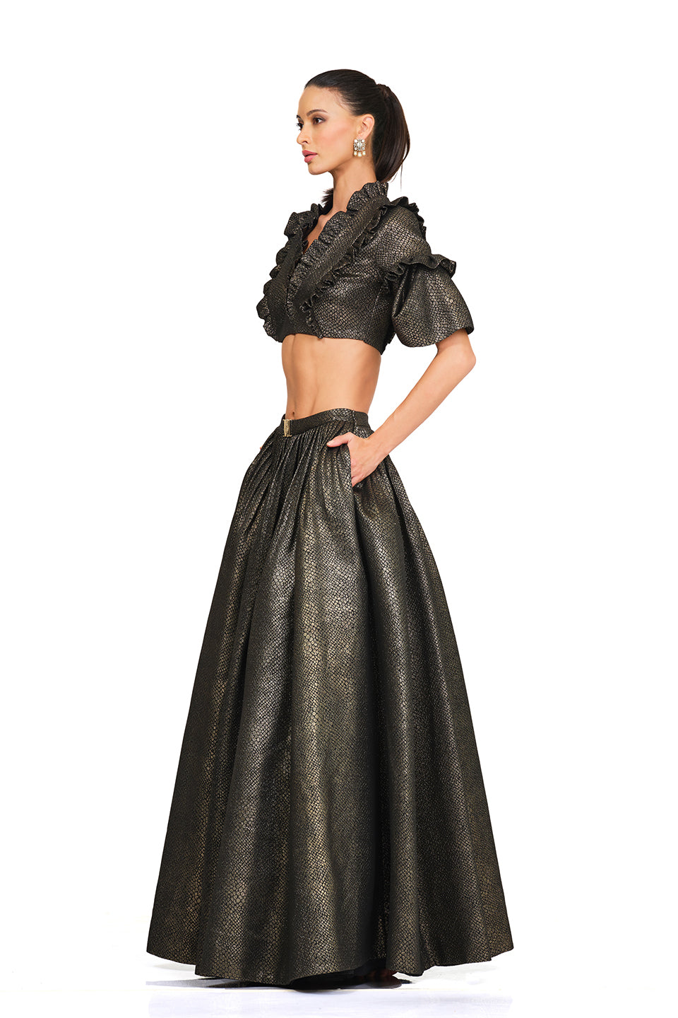 Gold Black Skirt with Ruffle Blouse