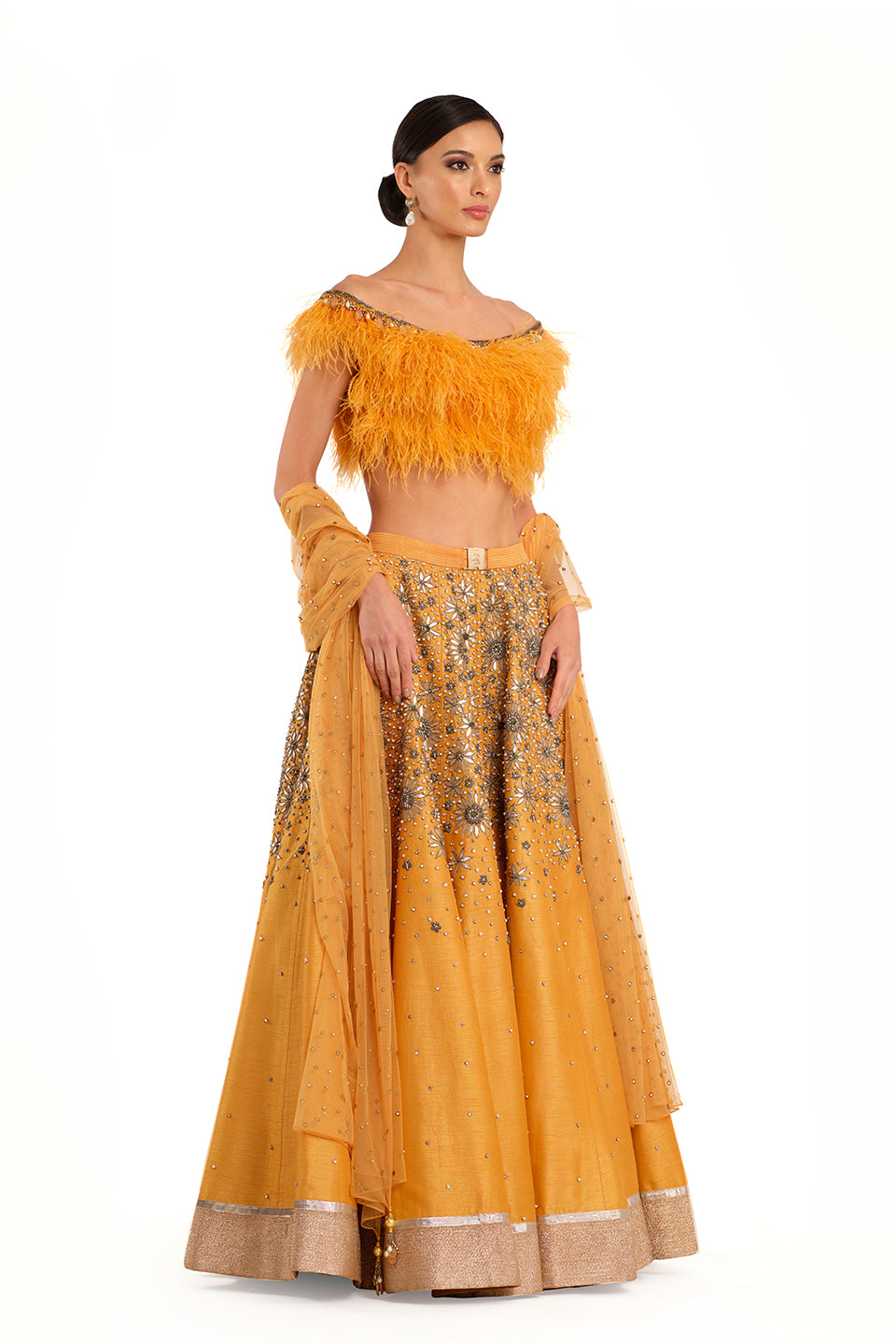 Orange Embroidered Lehenga with Feather detailed Blouse and Swiss Net Embroidered Dupatta