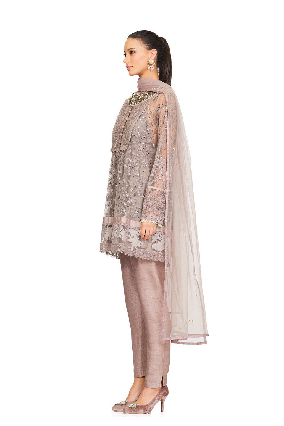 Taupe embellished tunic set