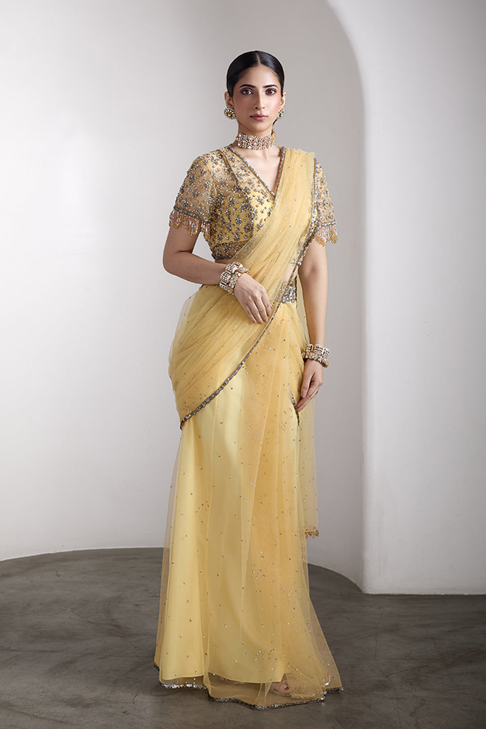 Yellow drapped saree set