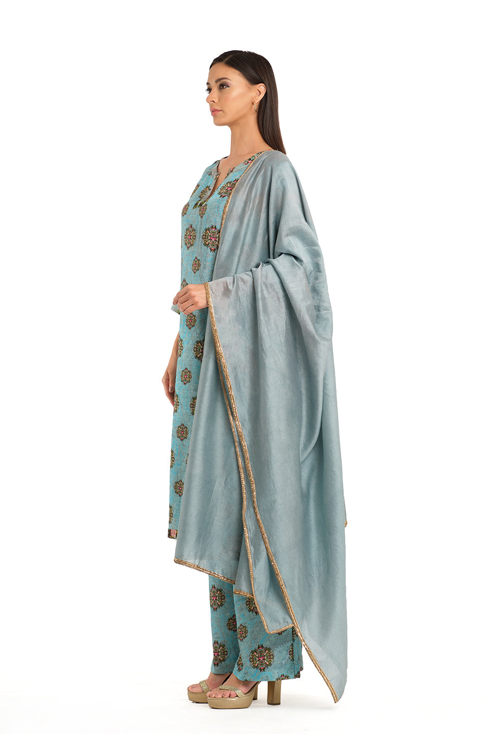 Floral motif raw silk tunic set