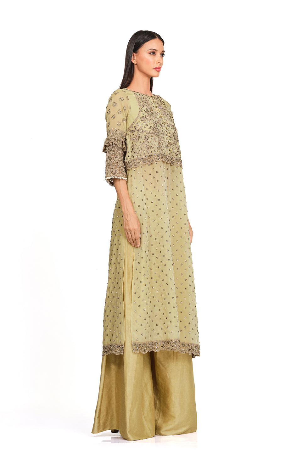 Hand embroidered tunic set with raw silk flared pants