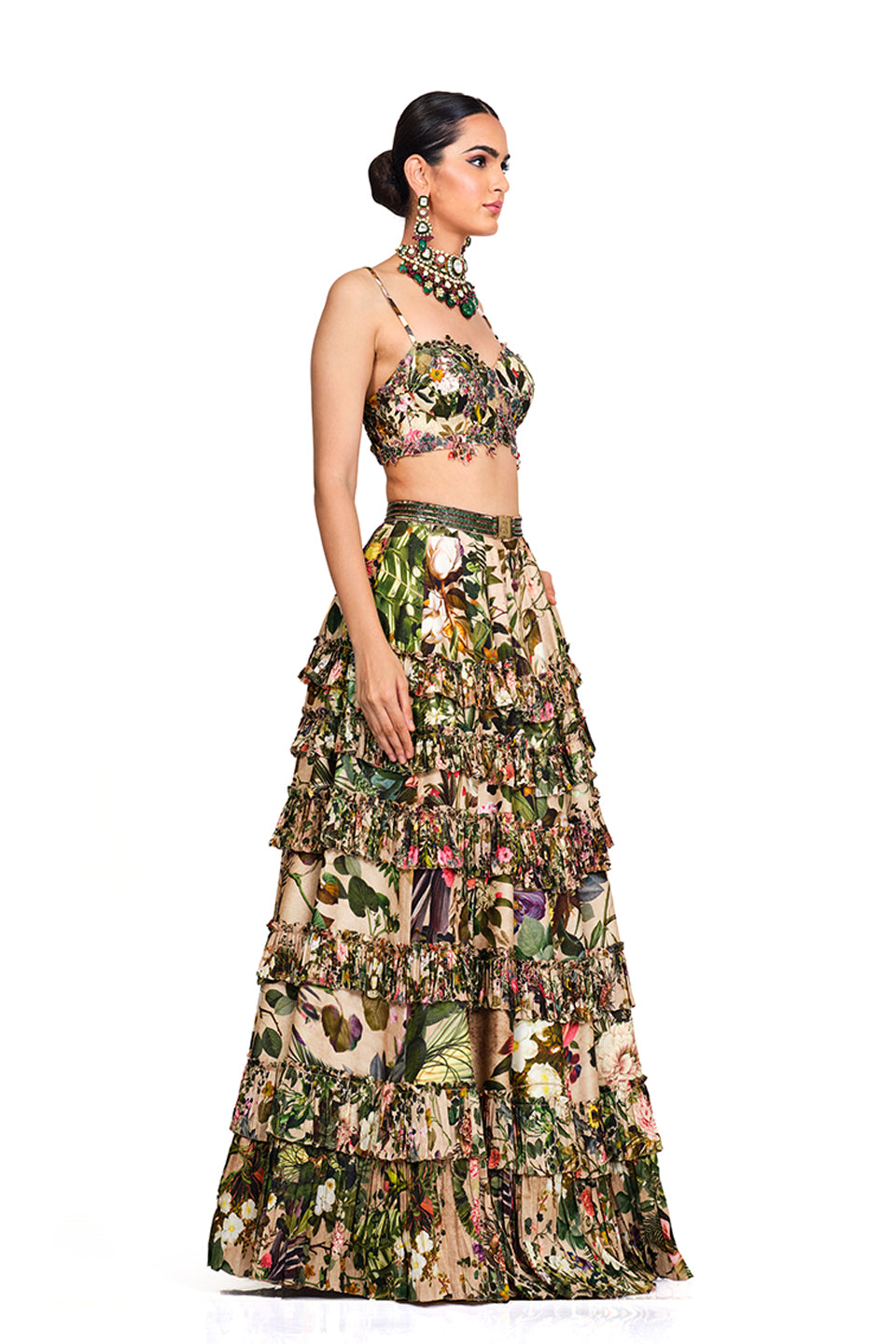 Printed Embroidered Bustier and Lehenga