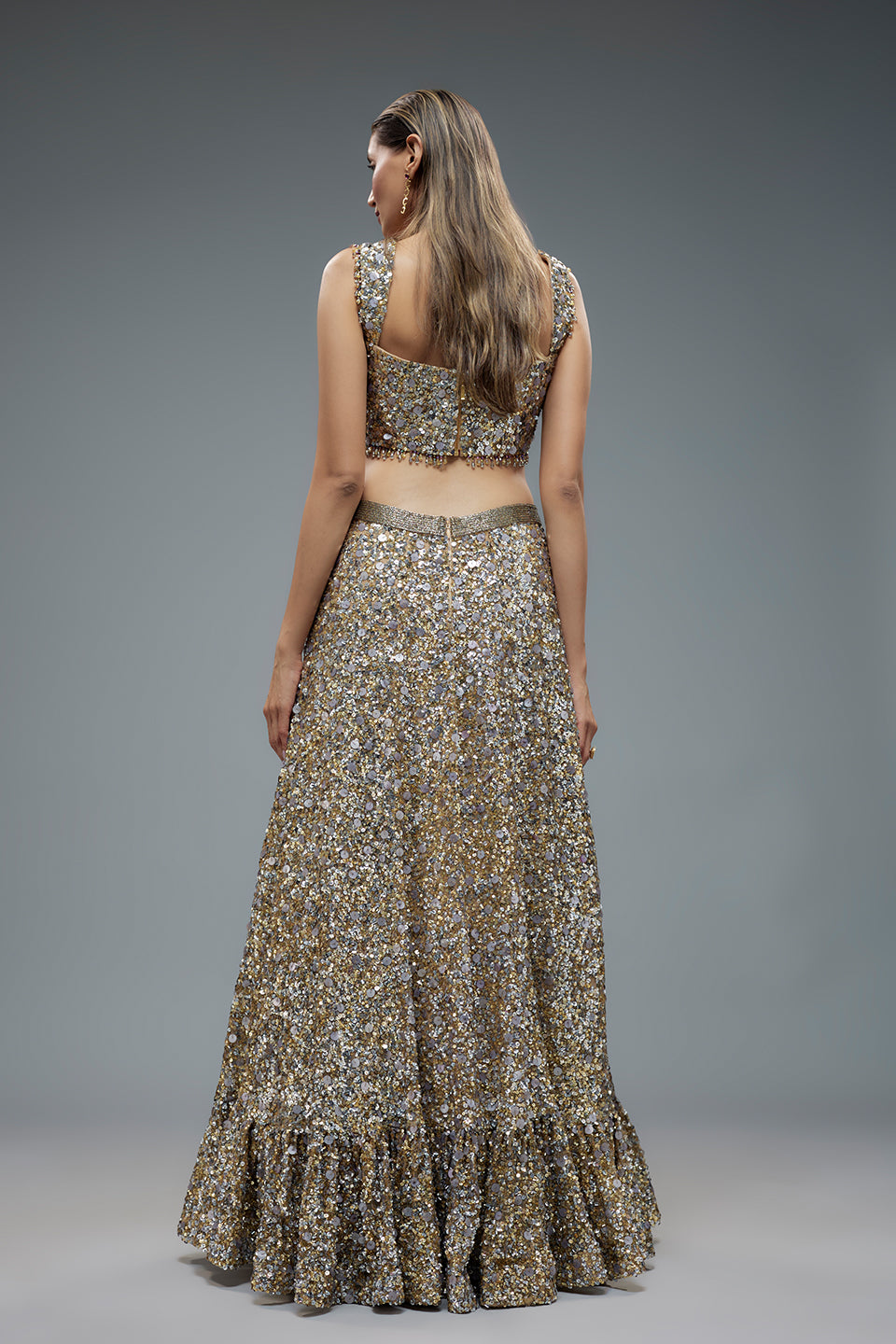 Beige net sequence embroidered lehenga set
