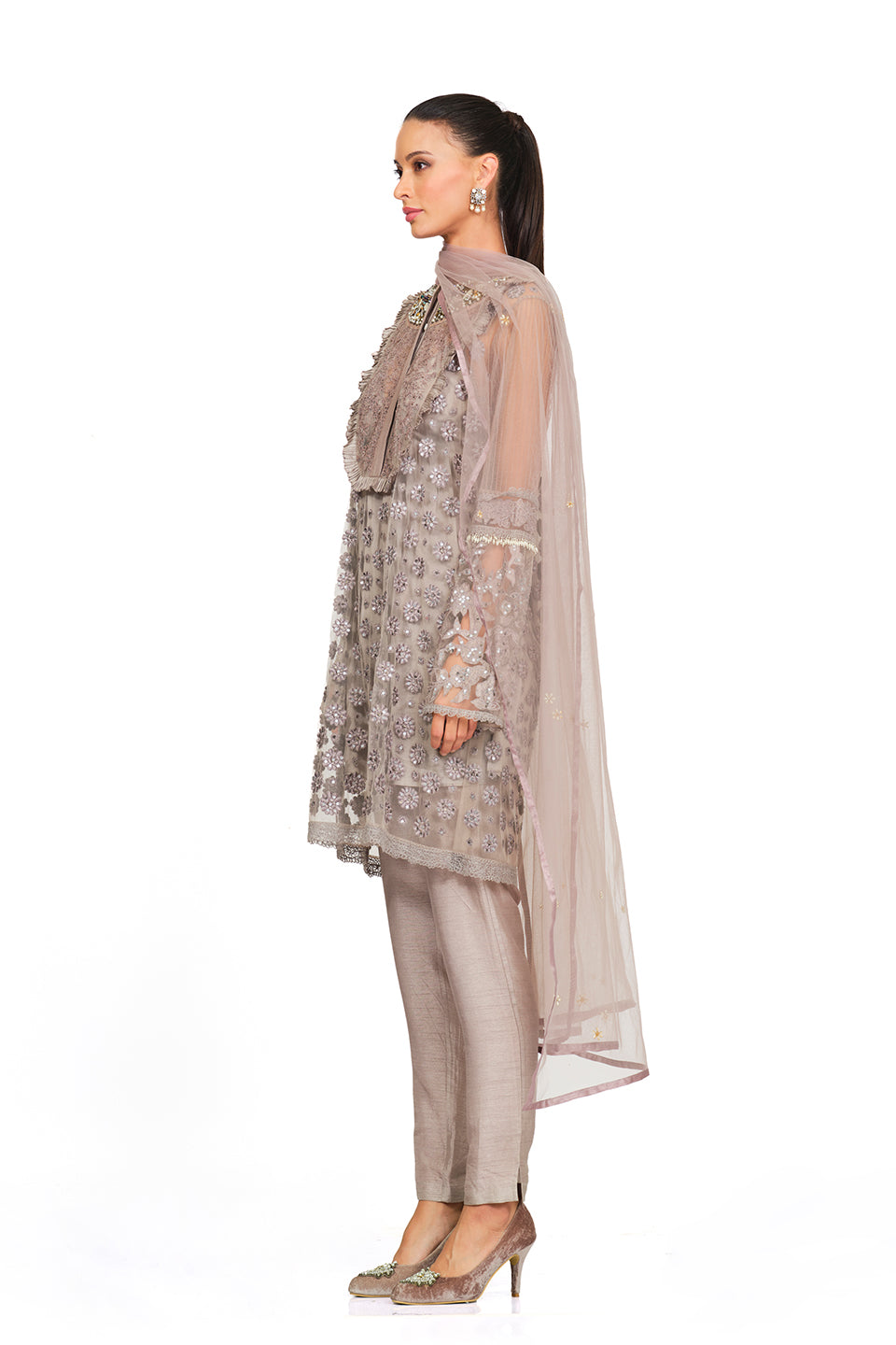 Ivory embellished and frill tunic set