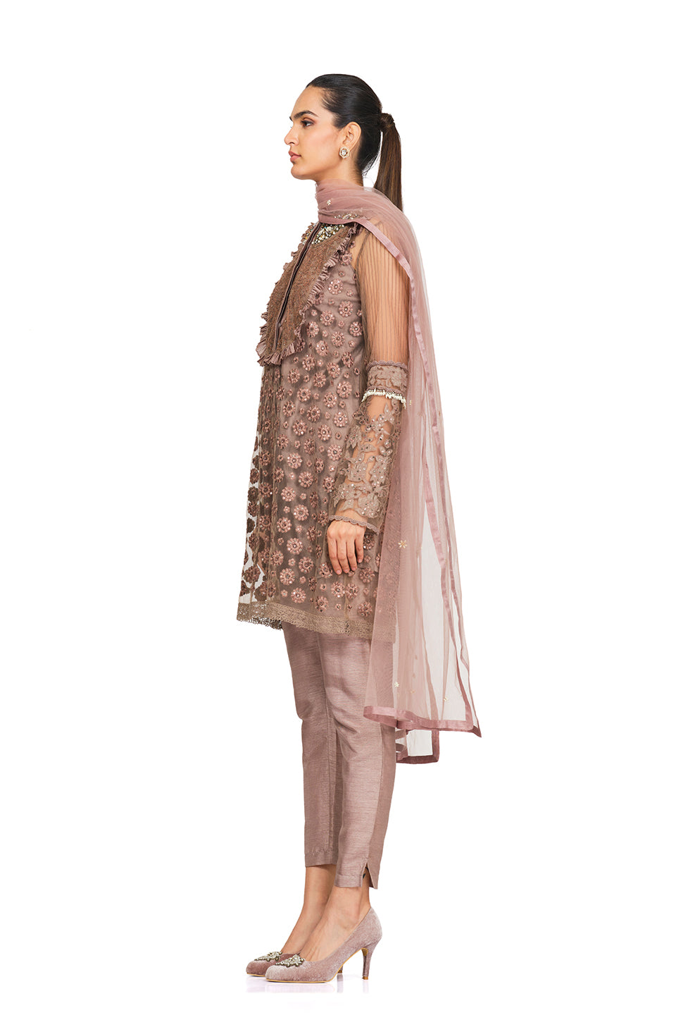 Taupe frilled and embellished tunic set