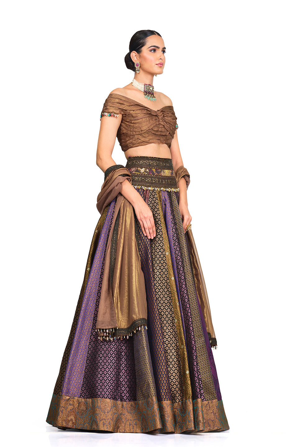 Brocade Lehenga with Off shoulder Organza Blouse