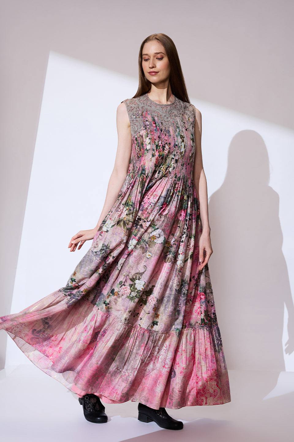 Pink threadwork long dress