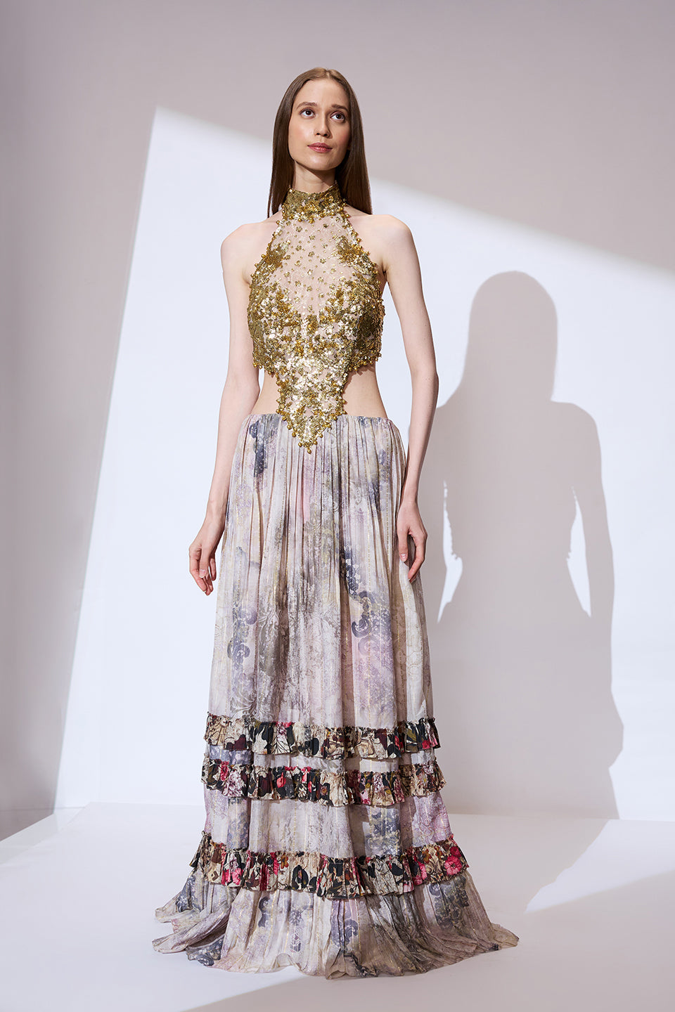 Halterneck embroidered long dress