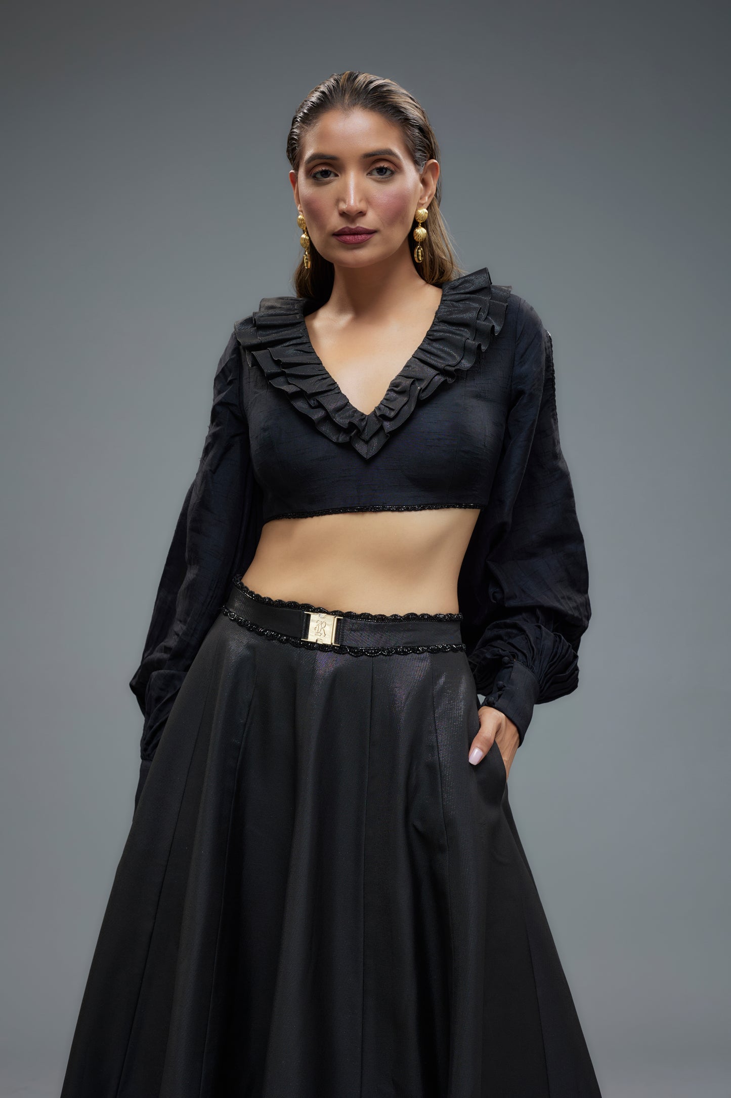 black raw silk frilled lehenga set