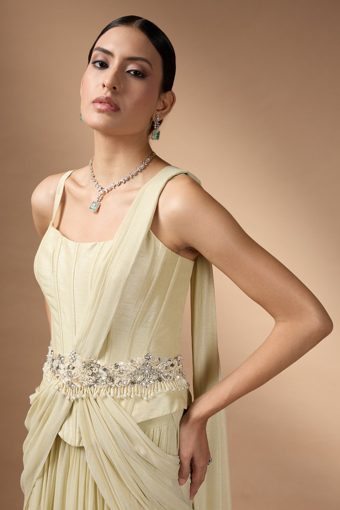 Pale Yellow Corset Top with a skirt set