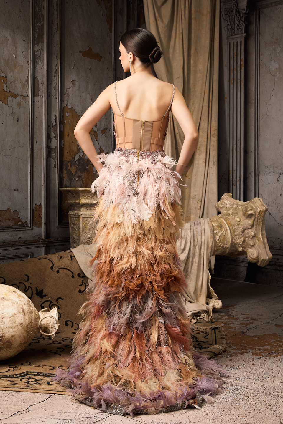 Multicolour Feather Corset Fit Lehenga Set