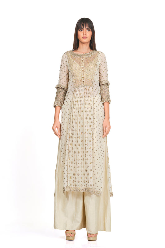 Ivory tunic set with raw silk flared pants