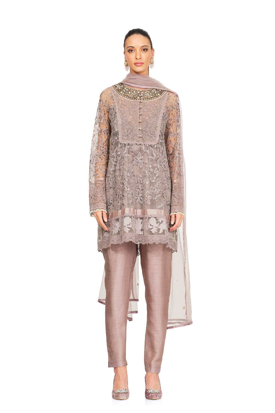 Taupe embellished tunic set