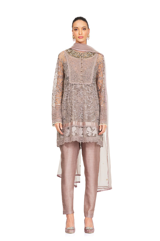Taupe embellished tunic set