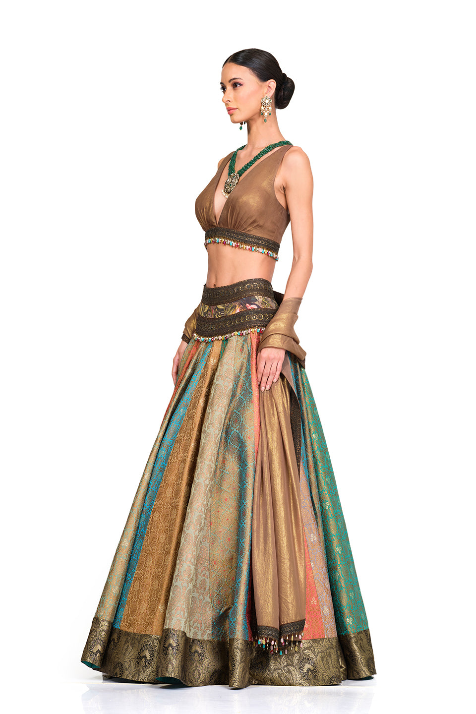 Brocade Lehenga with Organza V neck Blouse