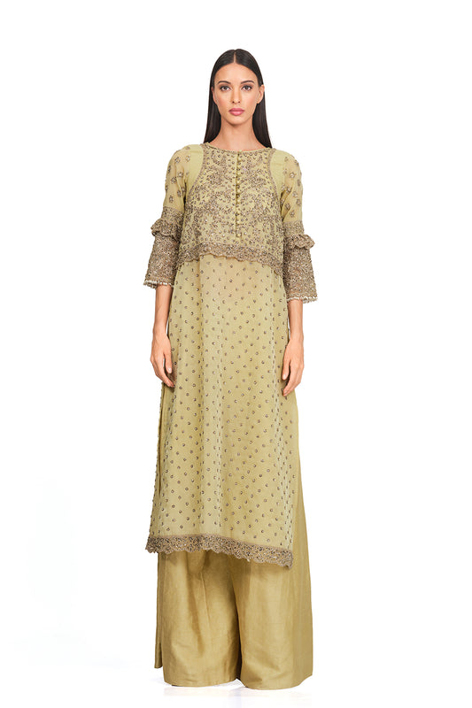 Hand embroidered tunic set with raw silk flared pants