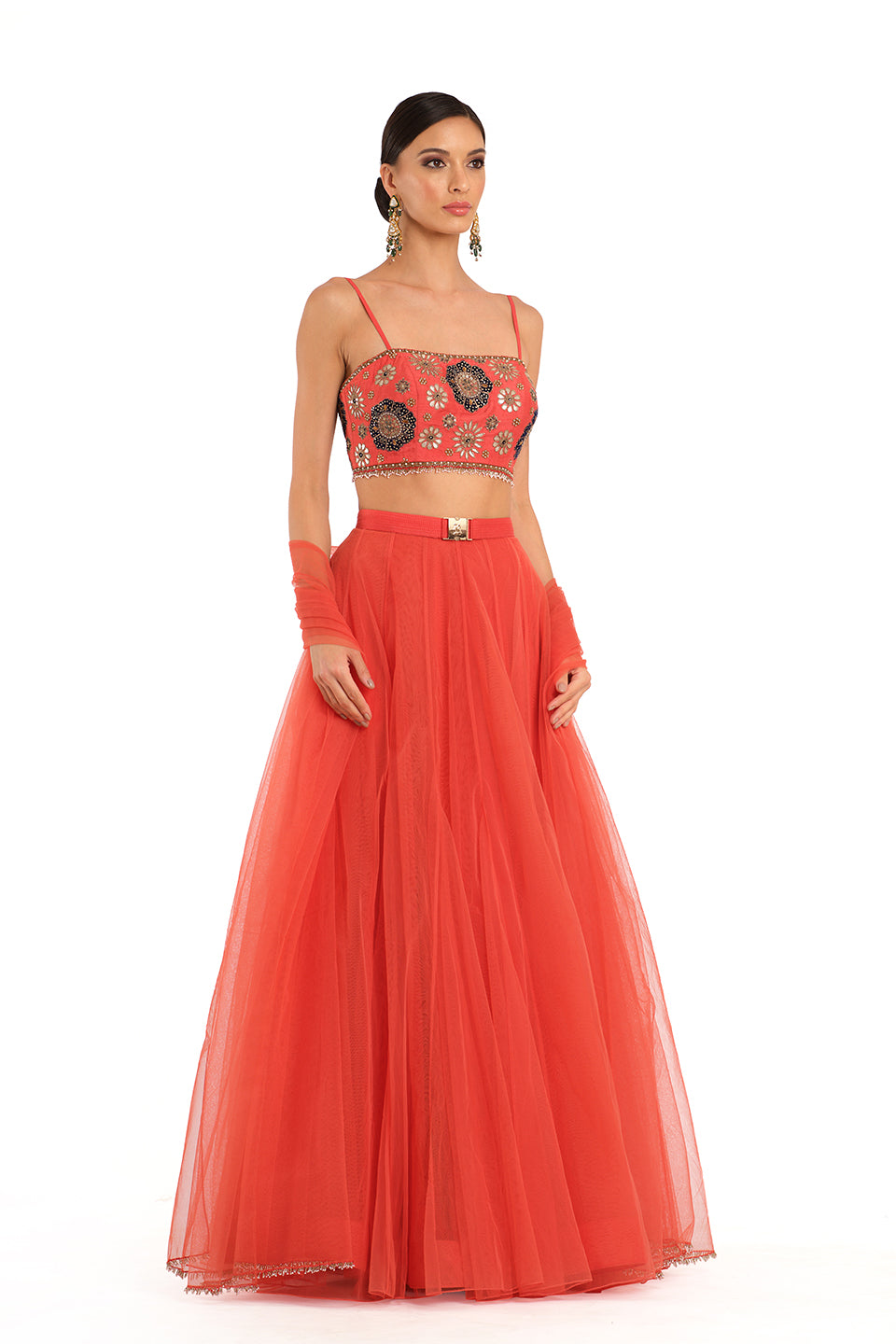 Red Tulle Lehenga with Embroidered Blouse
