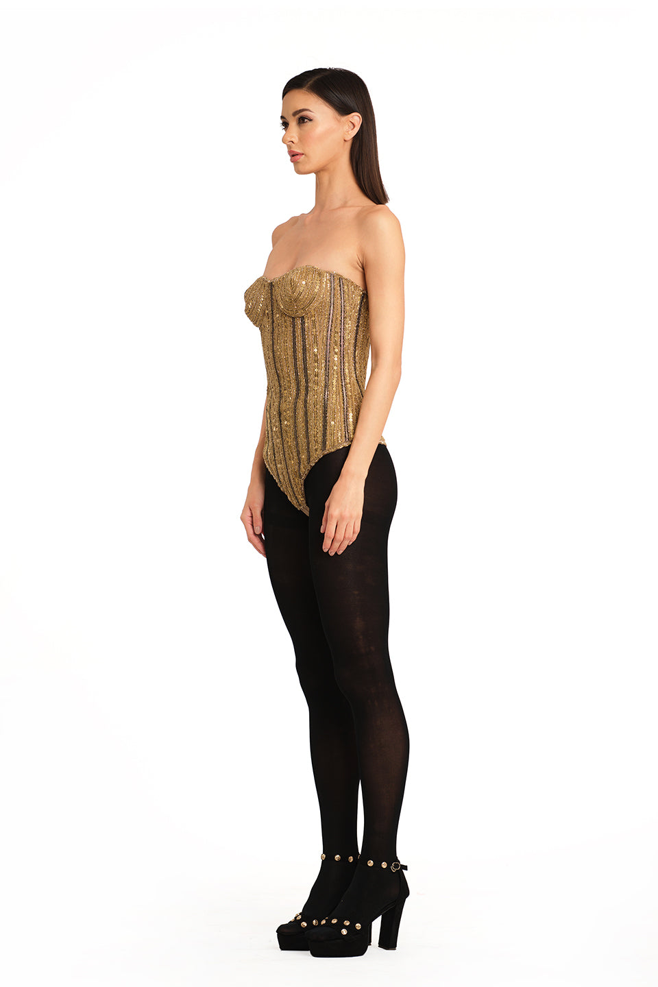 Gold corset with embroidery detailing