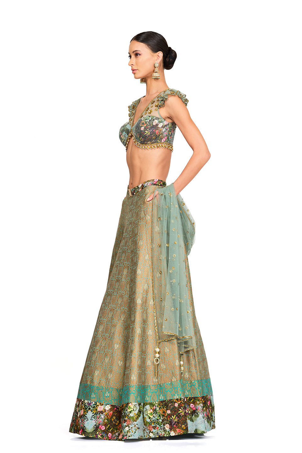 Brocade Lehenga with Ruffled Sleeves