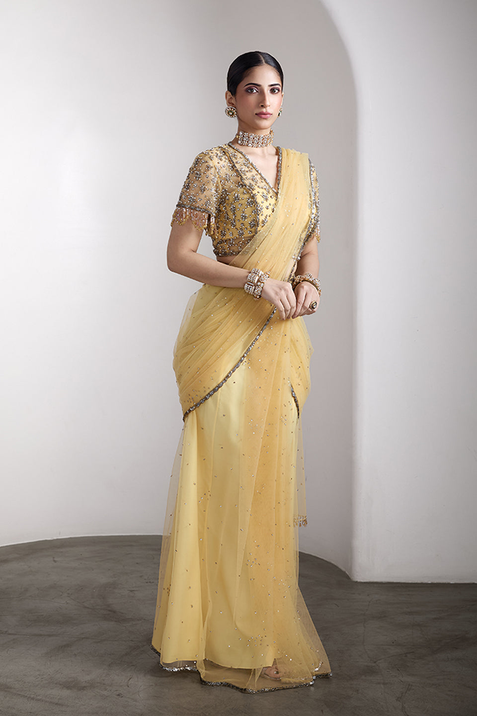 Yellow drapped saree set