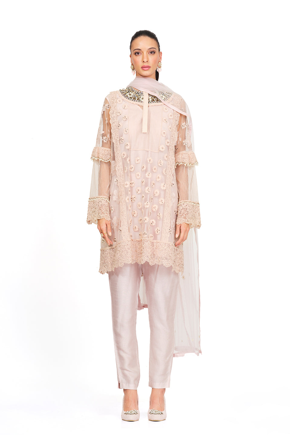 pink embroidered tunic set